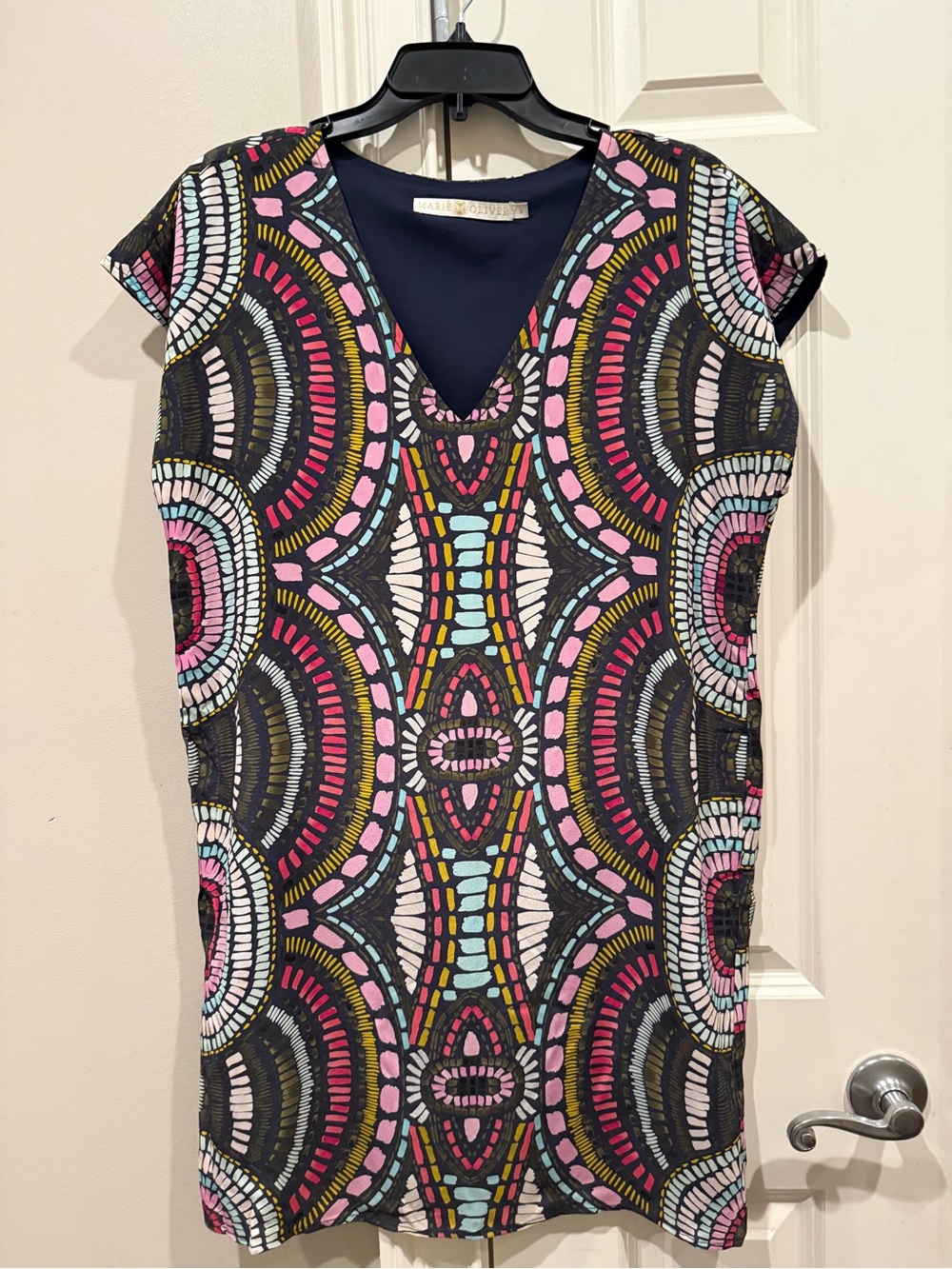 Marie Oliver Navy Shift Dress with Multicolor Trim